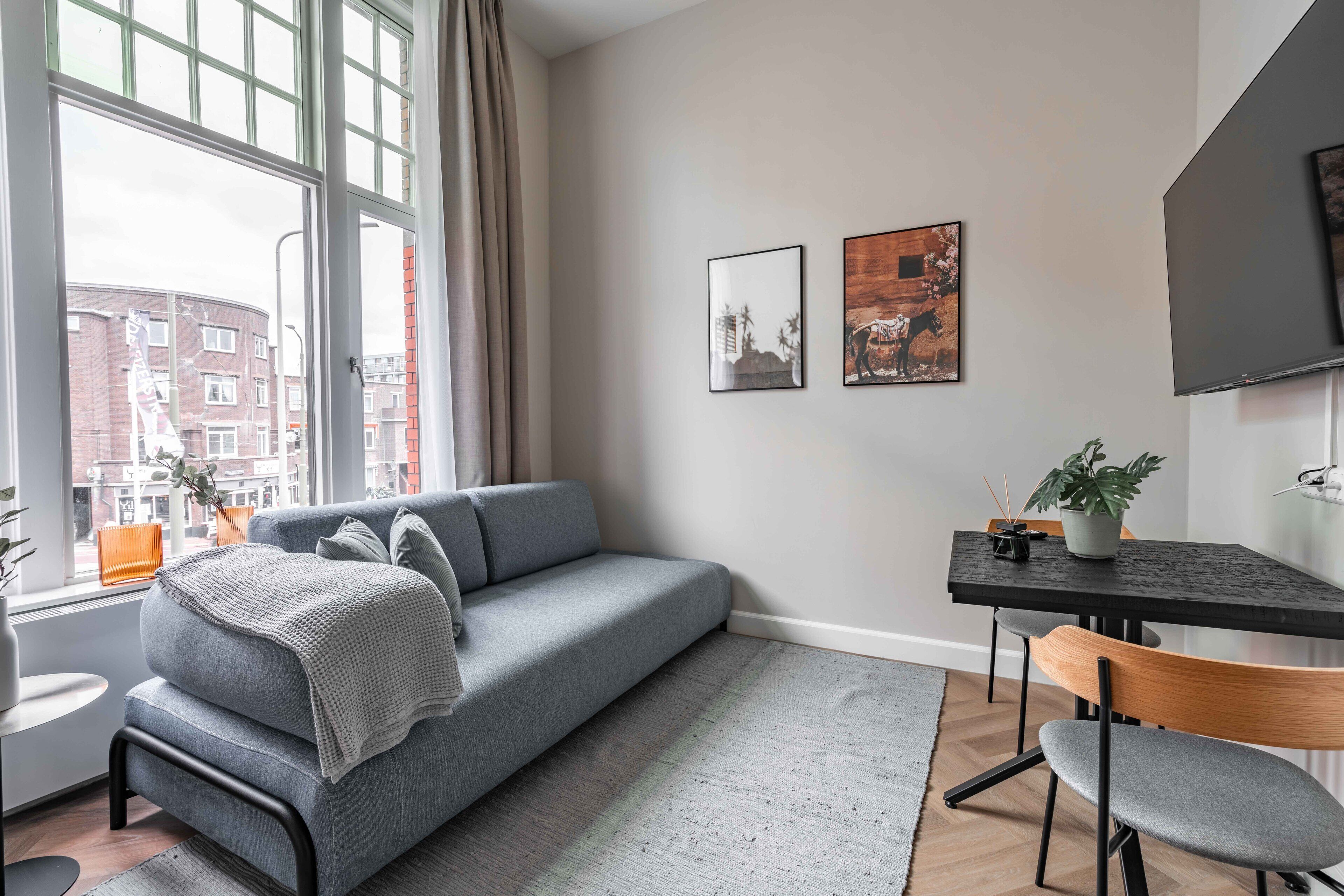 A modern living room with a grey sofa, a wooden dining table, and a grey chair. There are two framed pictures on the wall, a potted plant on the table, and a view of buildings outside the window.