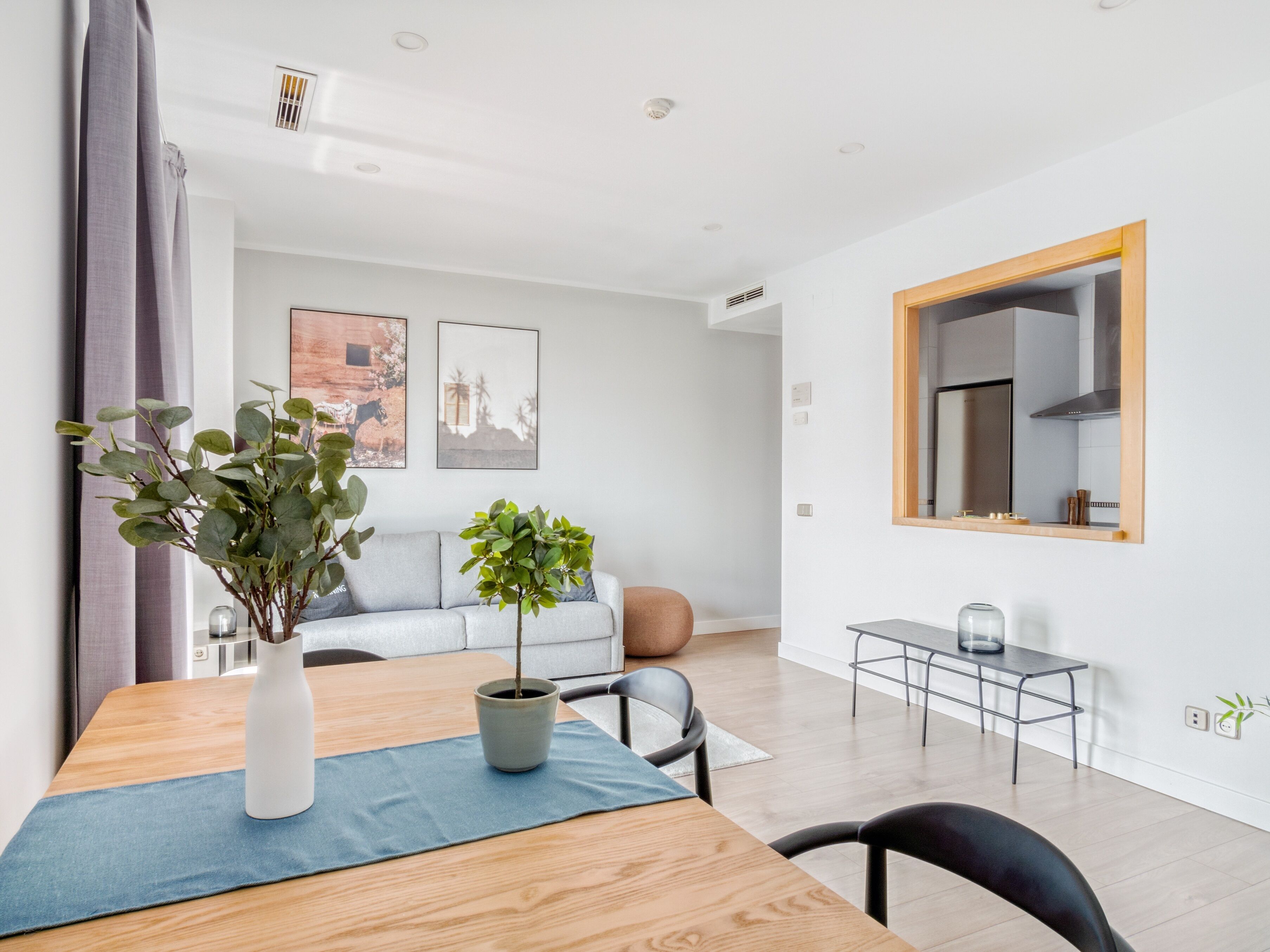 A modern living room with a dining area, a grey sofa, a coffee table, and a potted plant.
