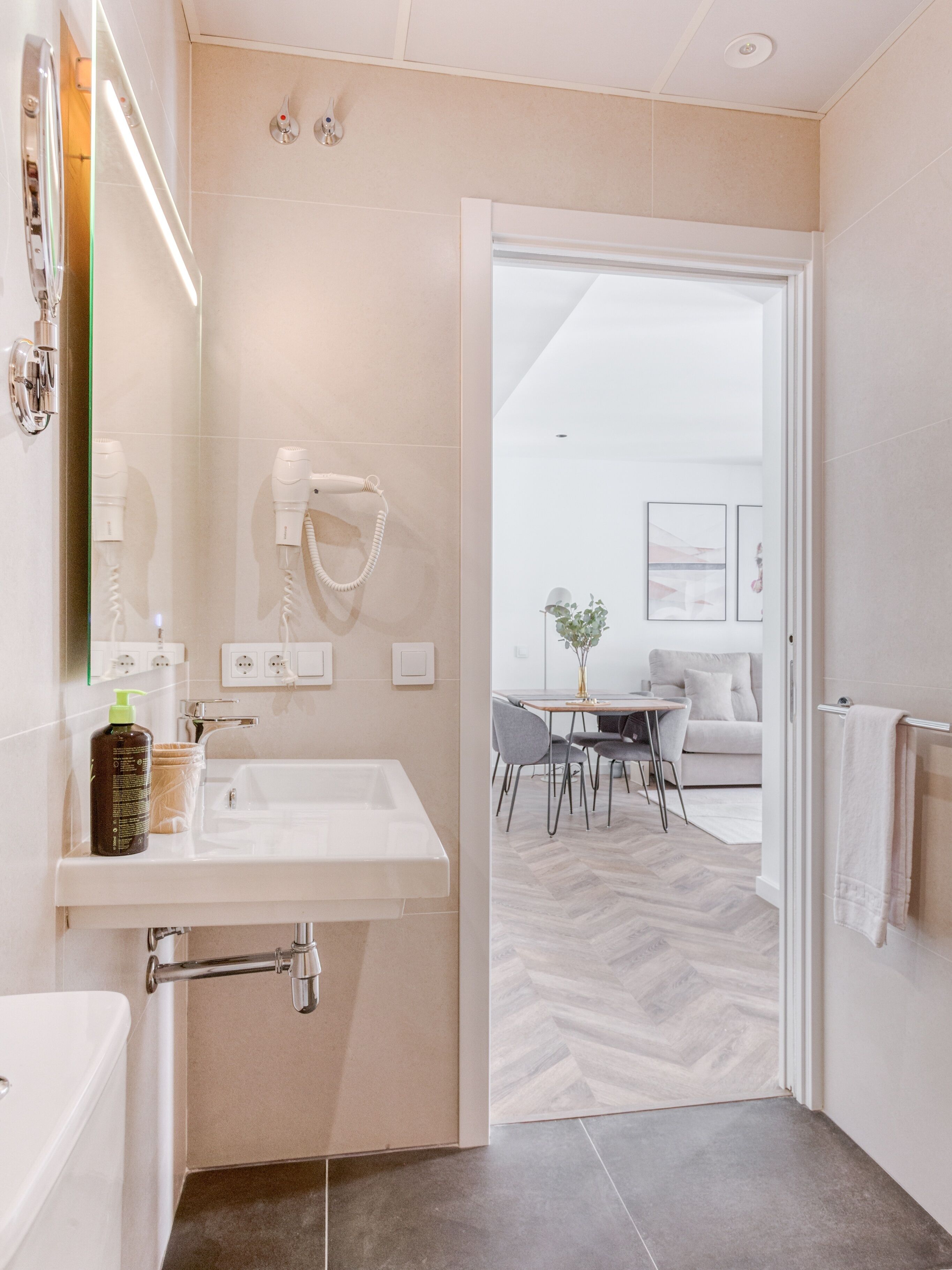 A modern bathroom with a sink, mirror, and hairdryer. There is a door leading to a living area with a sofa and a table.
