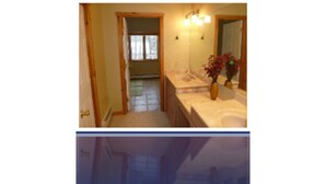 A bathroom with a sink, mirror, and a potted plant. - THE PERFECT VERMONT GETAWAY (Dover)