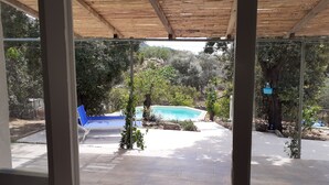 Ein überdachter Außenbereich mit Pool, blauem Liegestuhl und umgebender Bepflanzung.