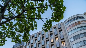 Un edificio de varios pisos con un estilo arquitectónico moderno, que destaca un llamativo rótulo 'Brico' en la planta baja.
