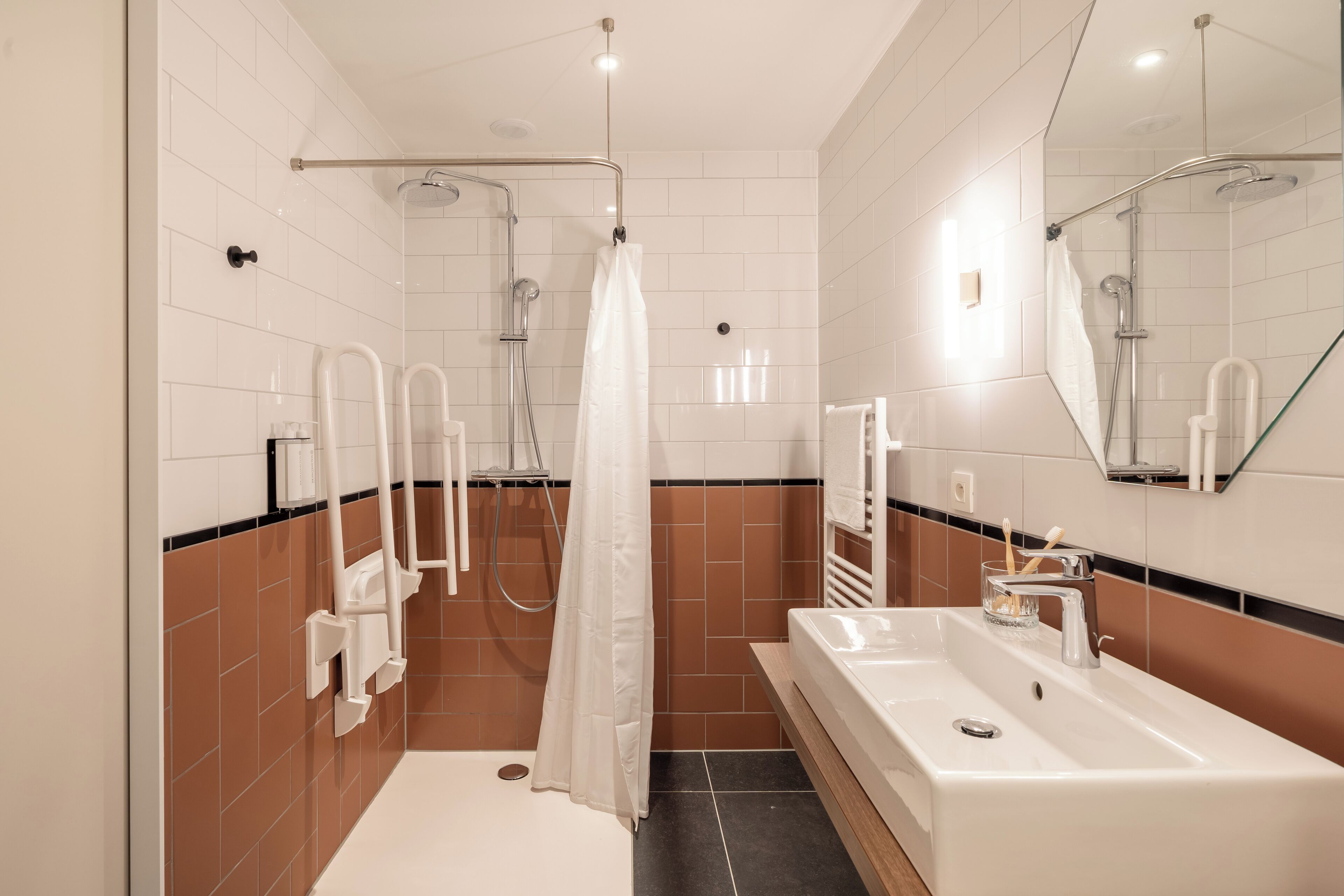 A modern bathroom with a shower, a sink, and a mirror.