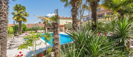 A pool surrounded by palm trees and red flowers, with buildings in the background.