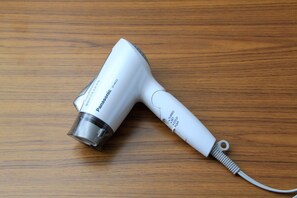 Hair dryer, towels, shampoo