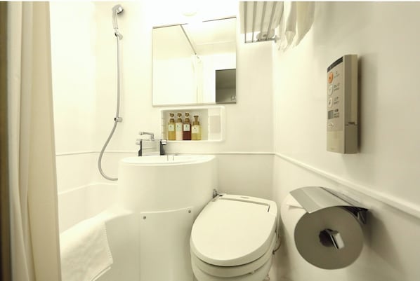 Hair dryer, towels, shampoo