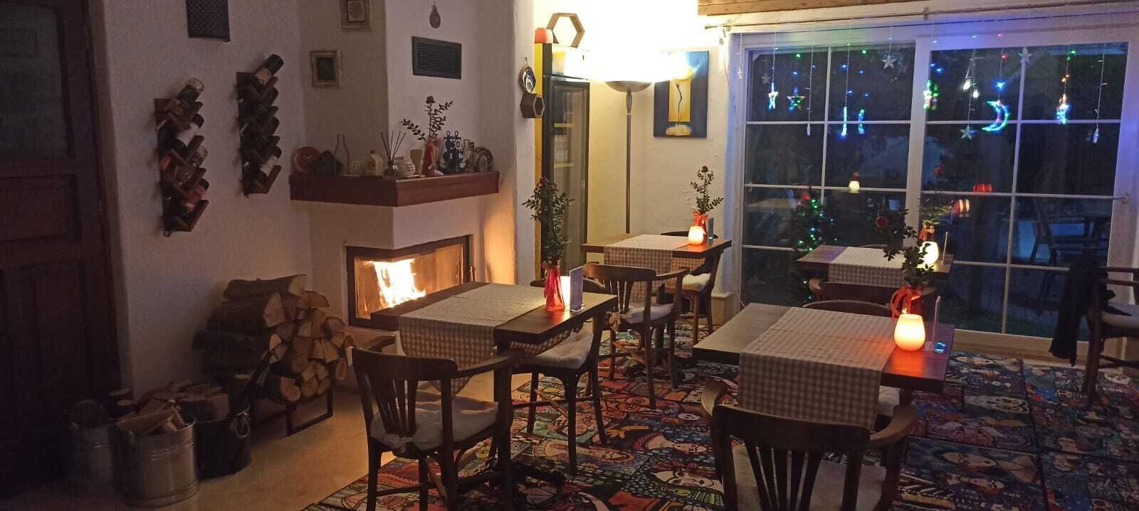 A cozy dining area with a fireplace, wooden furniture, and a view of a decorated Christmas tree through a large window.