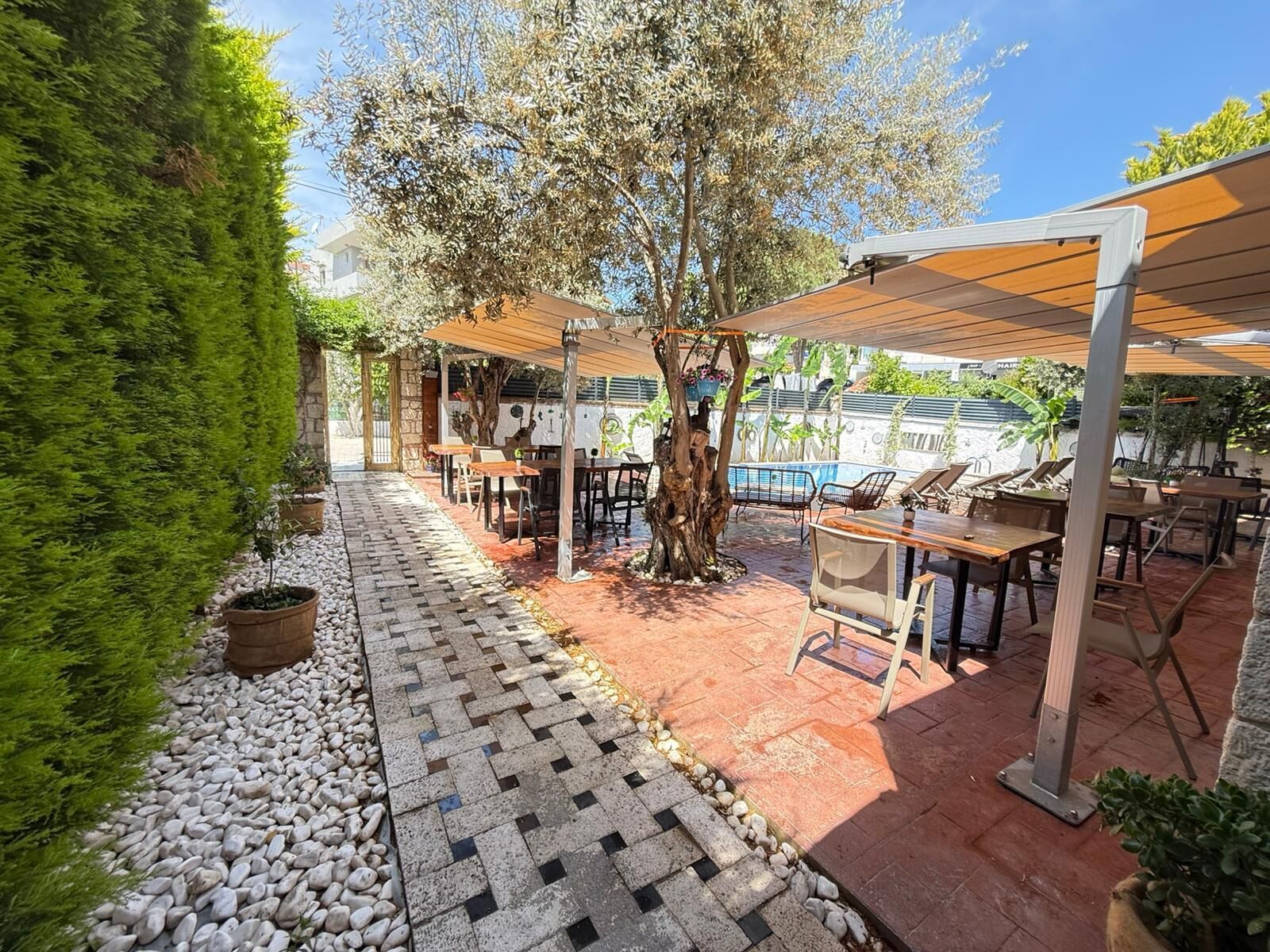 Zona de terrassa exterior amb taules i caires, una pérgola i una piscina al fons.