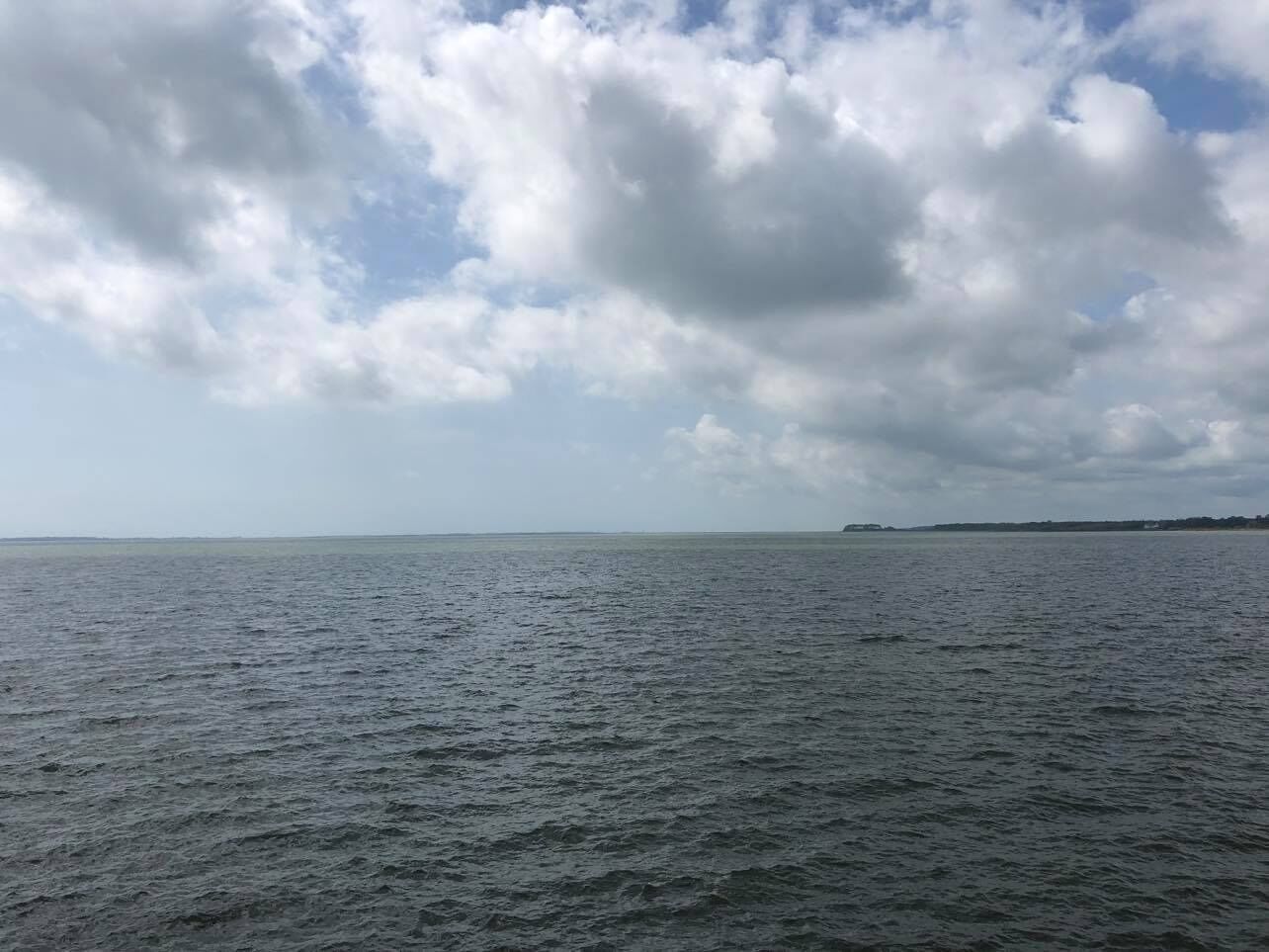 Een uitzicht op een groot wateroppervlak met een verre oever onder een bewolkte lucht.