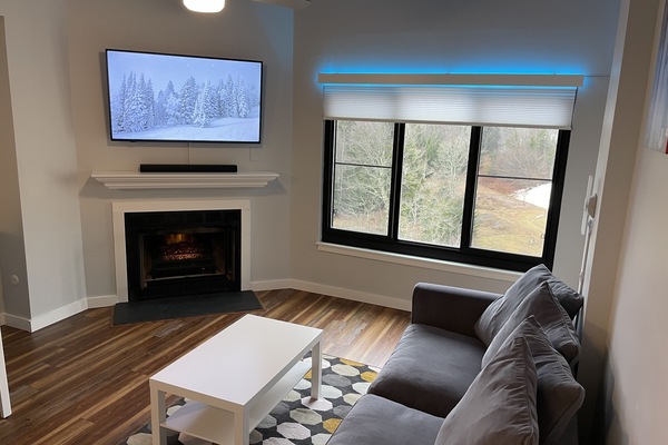 Living room with tall vaulted ceiling