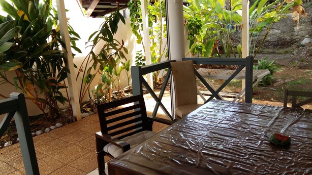 Une terrasse extérieure avec une table recouverte d’une bâche en plastique, entourée de chaises et de plantes.