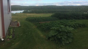 Blick auf ein Haus mit Garten, einem kleinen Teich und einem Wald im Hintergrund.