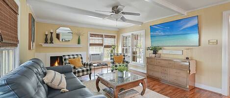 Smart TV, fireplace, ping pong