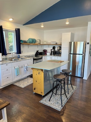 A modern kitchen with a central island, stainless steel appliances, and a window with curtains. - Lake House on Jose Lake (South Branch)