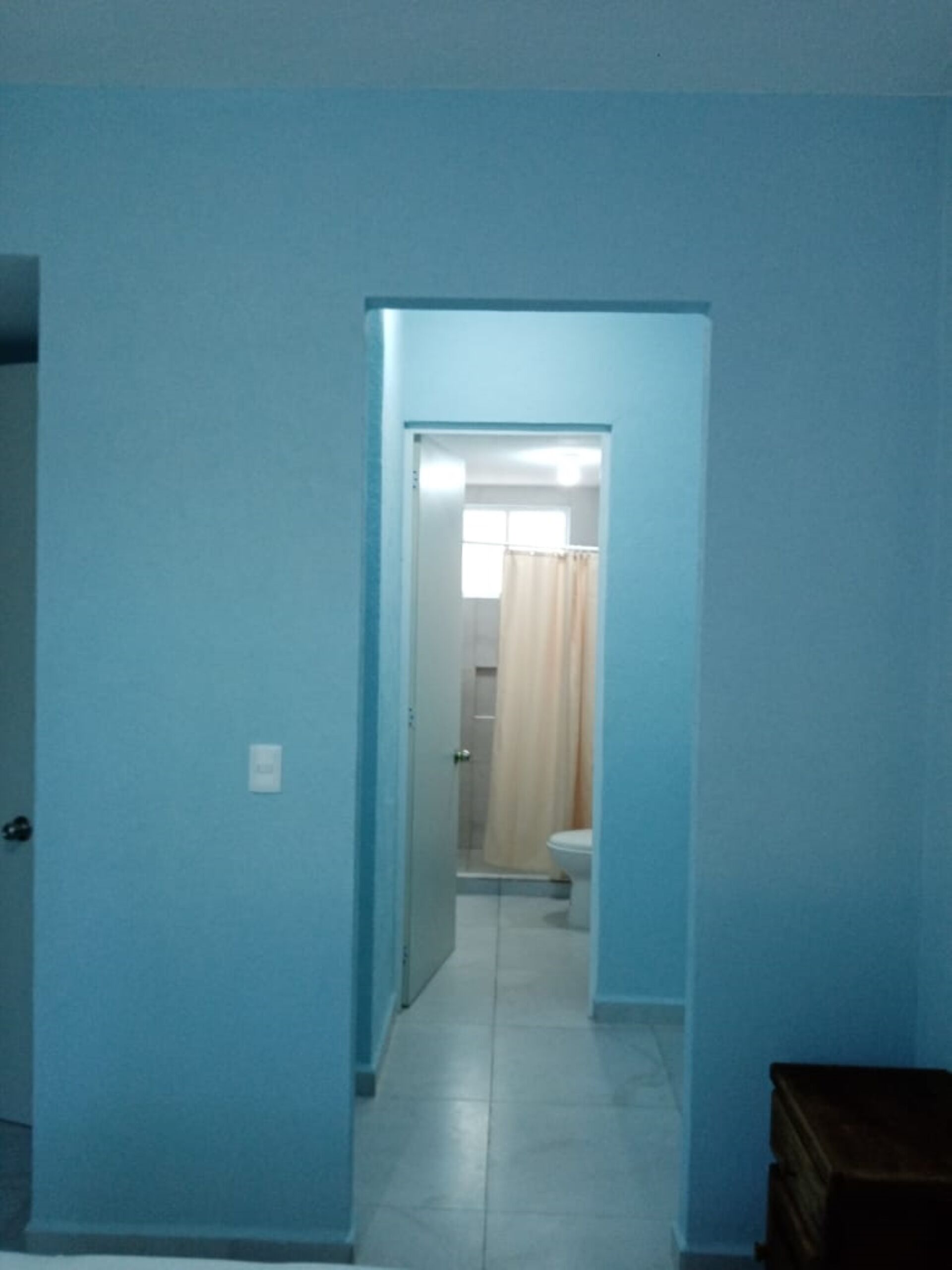 A narrow hallway with light blue walls leading to a bathroom with a toilet and a shower.