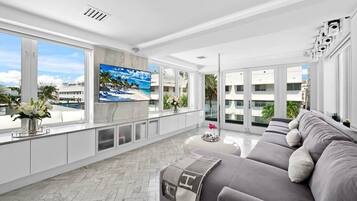 Smart TV, foosball, music library, video library