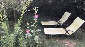 A garden with a pair of yellow lounge chairs and a variety of green plants. - House with garden and free parking, 2 minutes from Le Clos Lucé (Amboise)