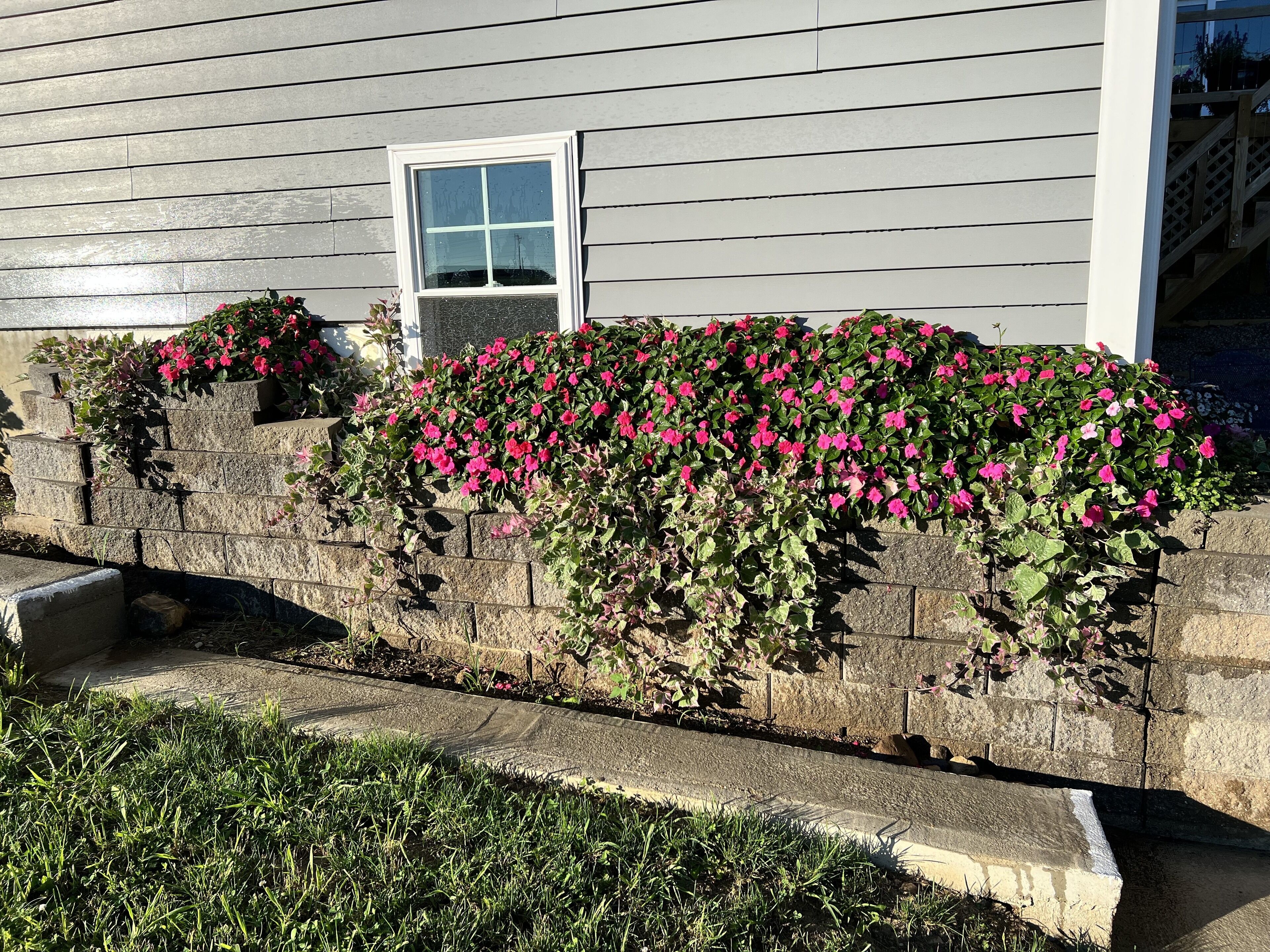 A house with a stone retaining wall and a window.