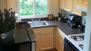 Una cocina compacta con estufa a gas, un lavamanos y armarios de madera.