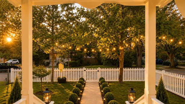A covered walkway with a white picket fence, string lights, and potted plants. - Peaceful & Cozy Home - Fenced Yards - North End (Boise)