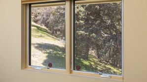 A window with a view of a grassy area and trees.