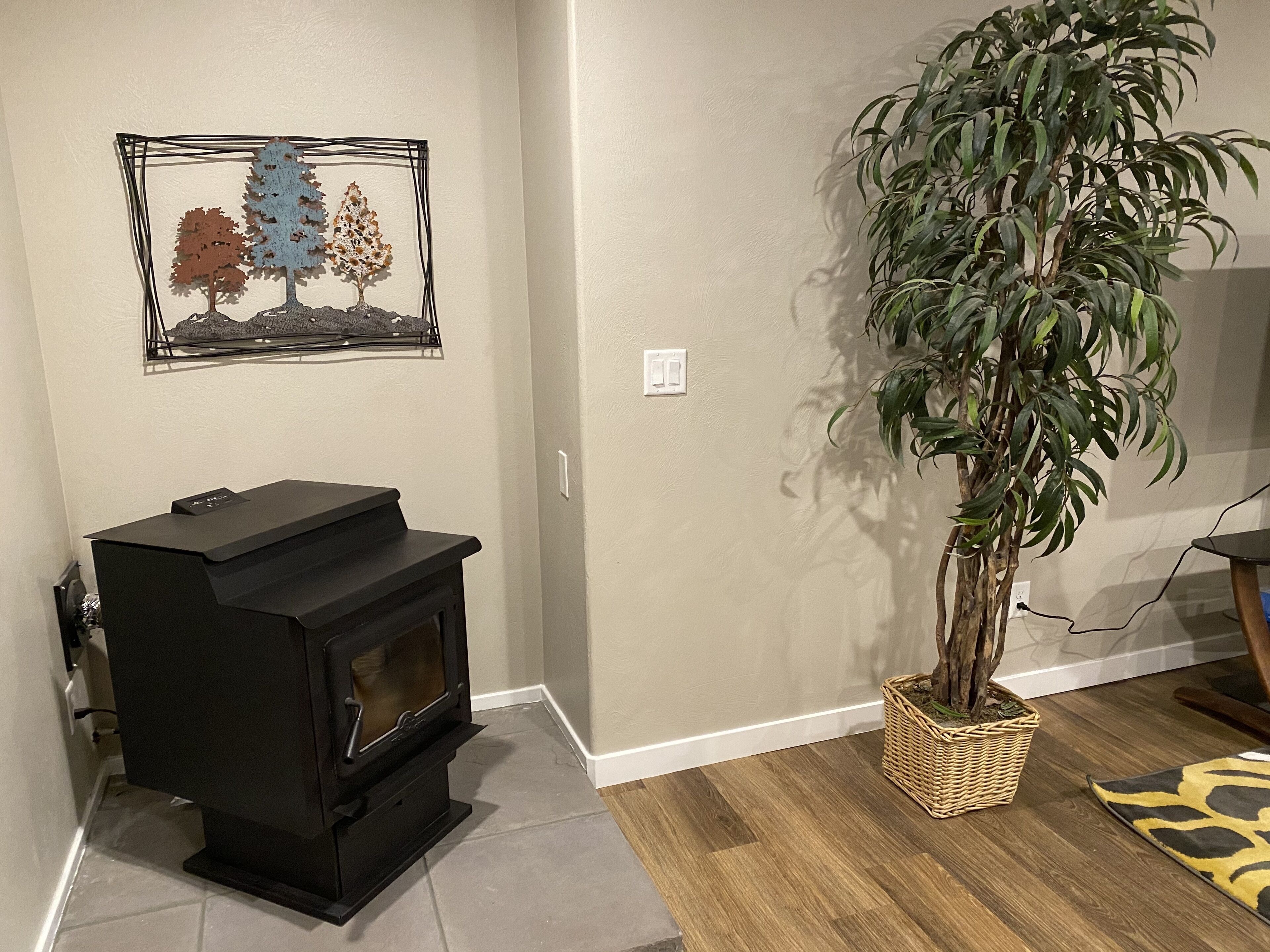 A living room with a black wood-burning stove, a large potted plant, and a framed artwork on the wall.