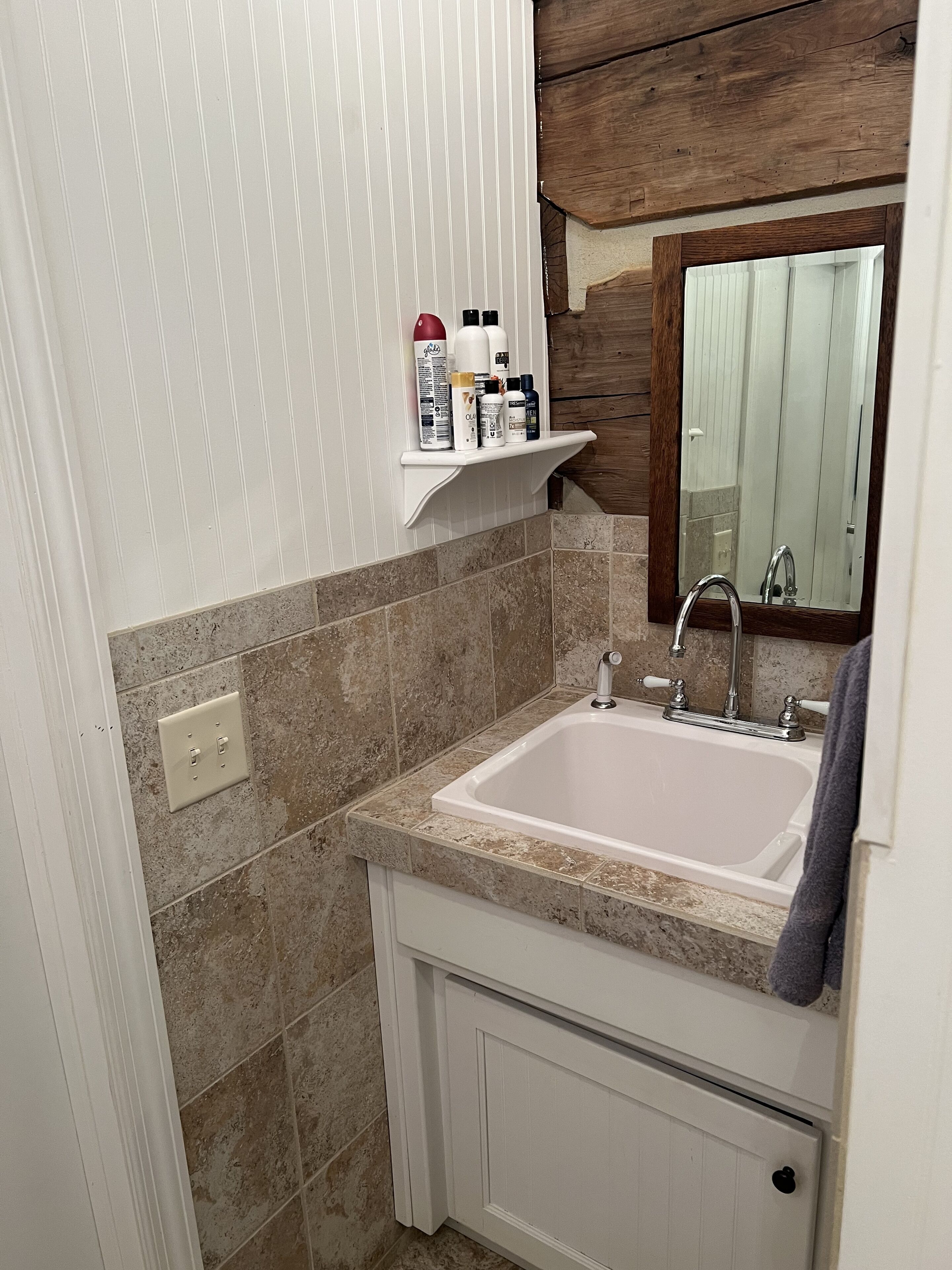 A bathroom with a white sink, a mirror, and a shelf with toiletries.
