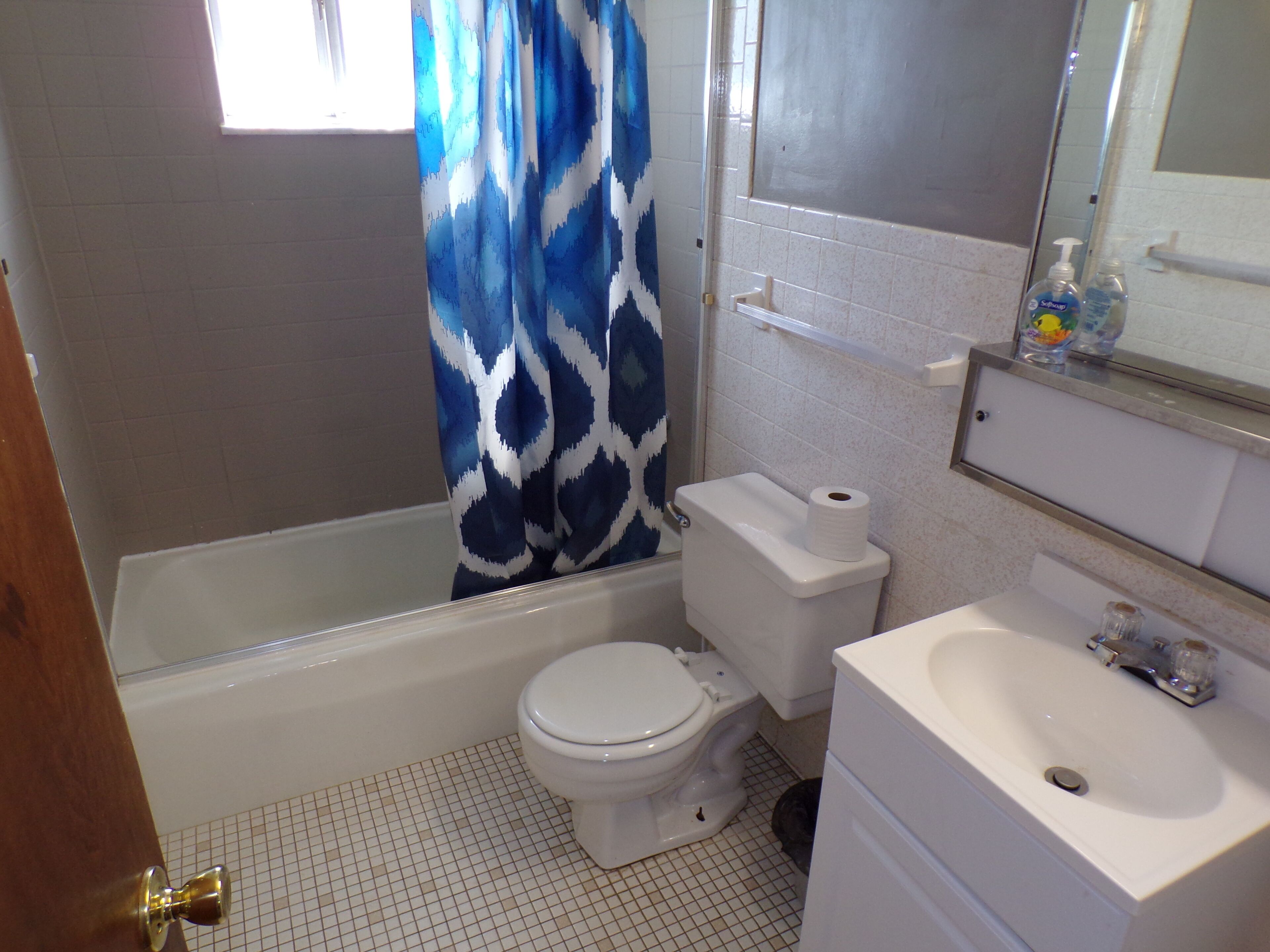 Combined shower/bathtub, towels, toilet paper