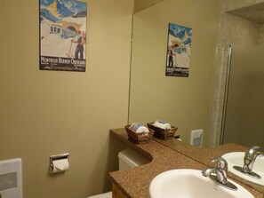 Combined shower/tub, hair dryer, towels, soap