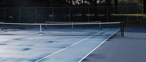 A tennis court with a net, surrounded by a fence and trees.