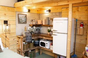 Fridge, microwave, coffee/tea maker, toaster