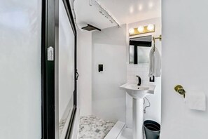 Shower, hair dryer, shampoo