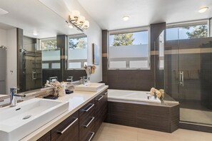 Bathtub, hair dryer, towels