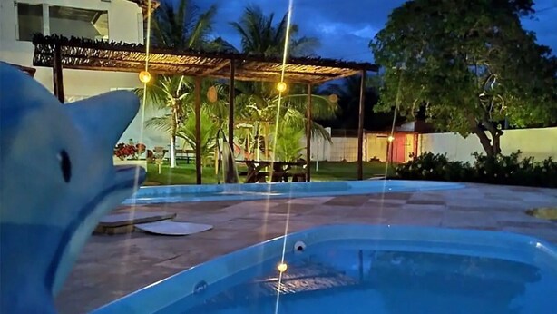 A swimming pool area with a covered seating area and palm trees. - Pousada Cenário Ideal - Paradise is very close to you! (Icapuí)