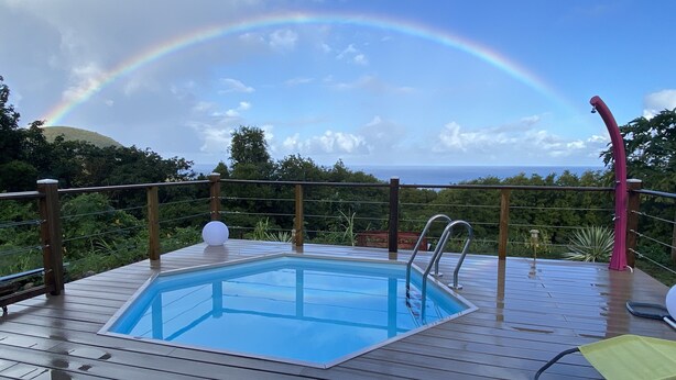 Un terrazzo in legno con piscina, ringhiera metallica e vista sull'oceano.