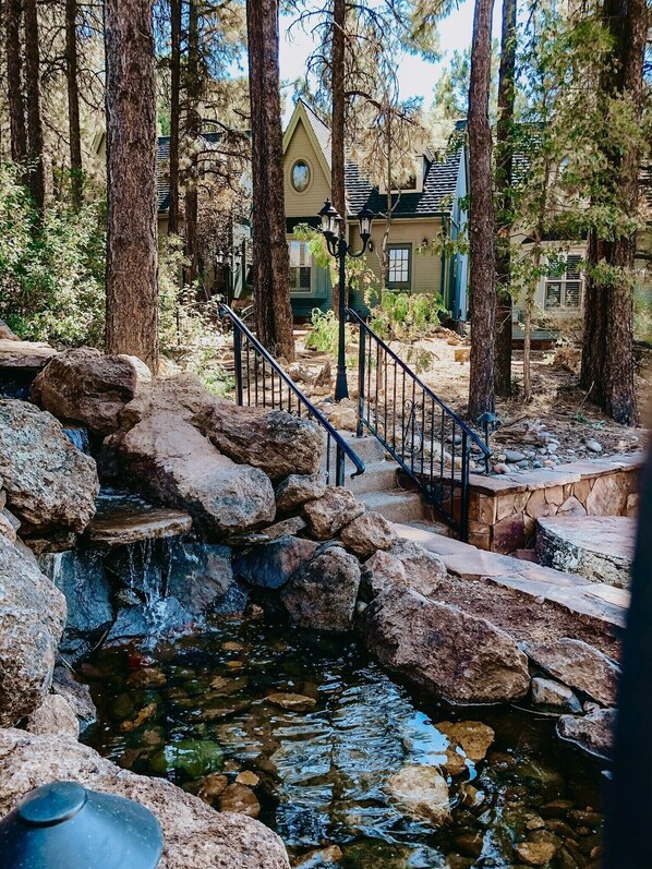 A natural outdoor area with a small waterfall, stone steps, and a metal railing.