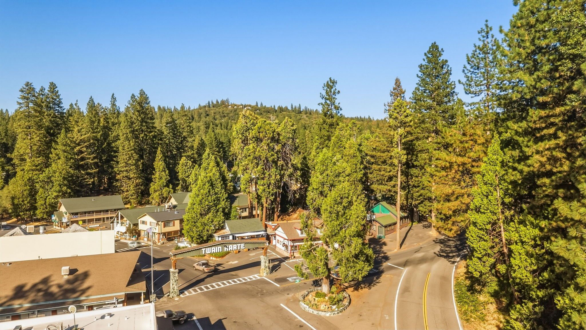 A small town with a main road, buildings, and dense forest.