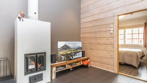 Una camera accogliente con camino, televisione e un letto.