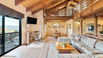 TV, caminetto, lettore DVD, libri