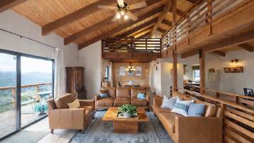 Télévision, cheminée, lecteur de DVD, baby-foot