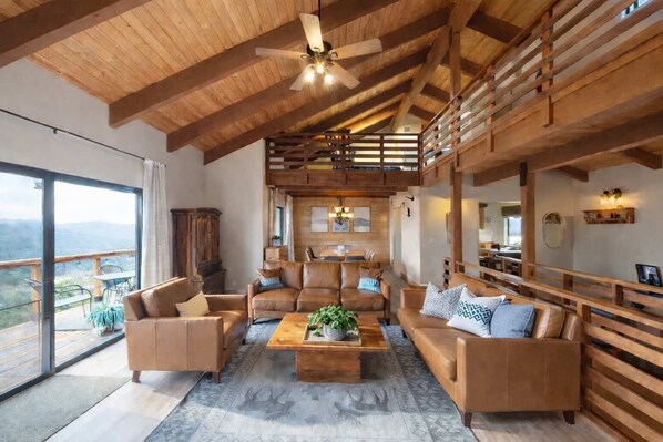 Télévision, cheminée, lecteur de DVD, baby-foot