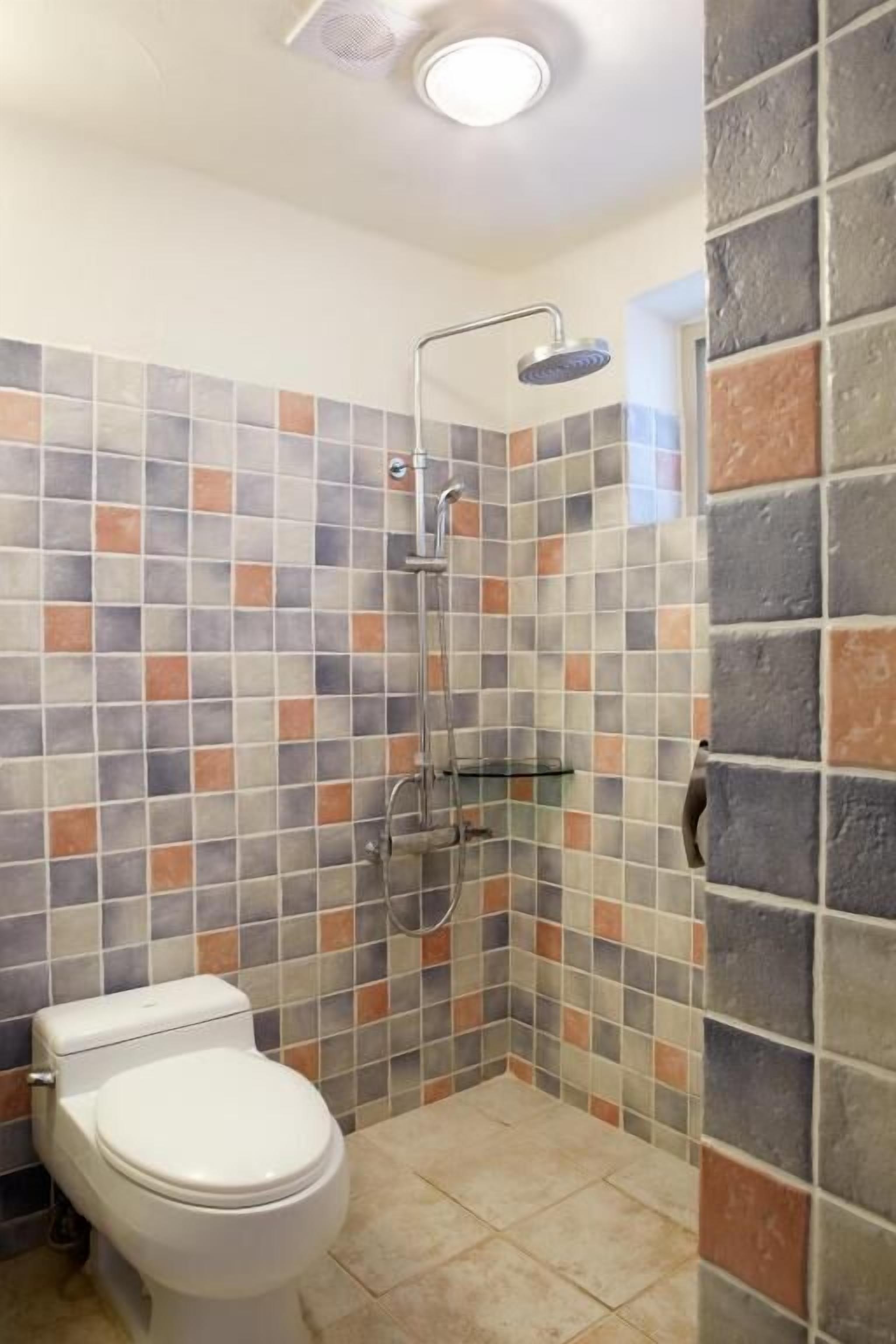 Une salle de bain avec des toilettes, une douche et un mur carrelé.