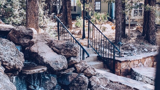 A stone staircase leading to a house surrounded by tall trees.