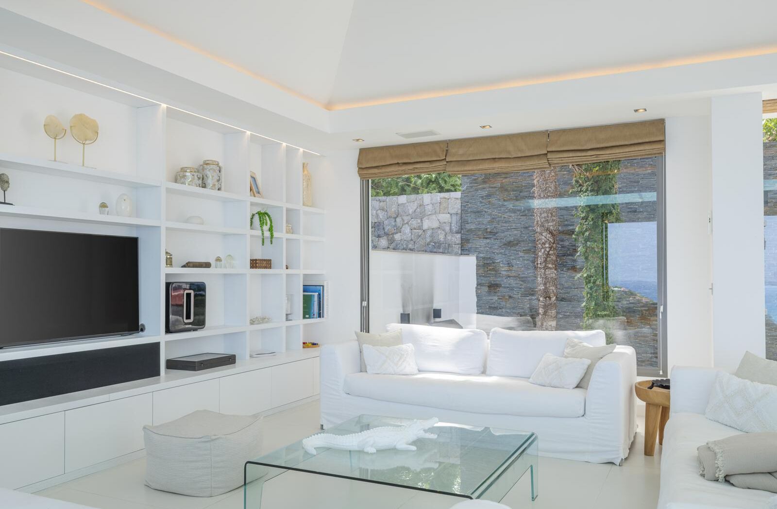 Smart-TV, bøker og stereoanlegg