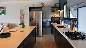 Een moderne keuken met een centraal eiland, roestvrijstalen apparatuur en een raam met uitzicht op de omgeving.