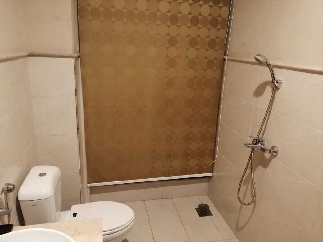 Un bany amb vàter, dutxa i un mur amb dibuixos.