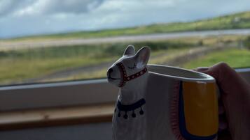 A hand holding a ceramic mug with a dog design, viewed through a window overlooking a landscape with a clear sky.
