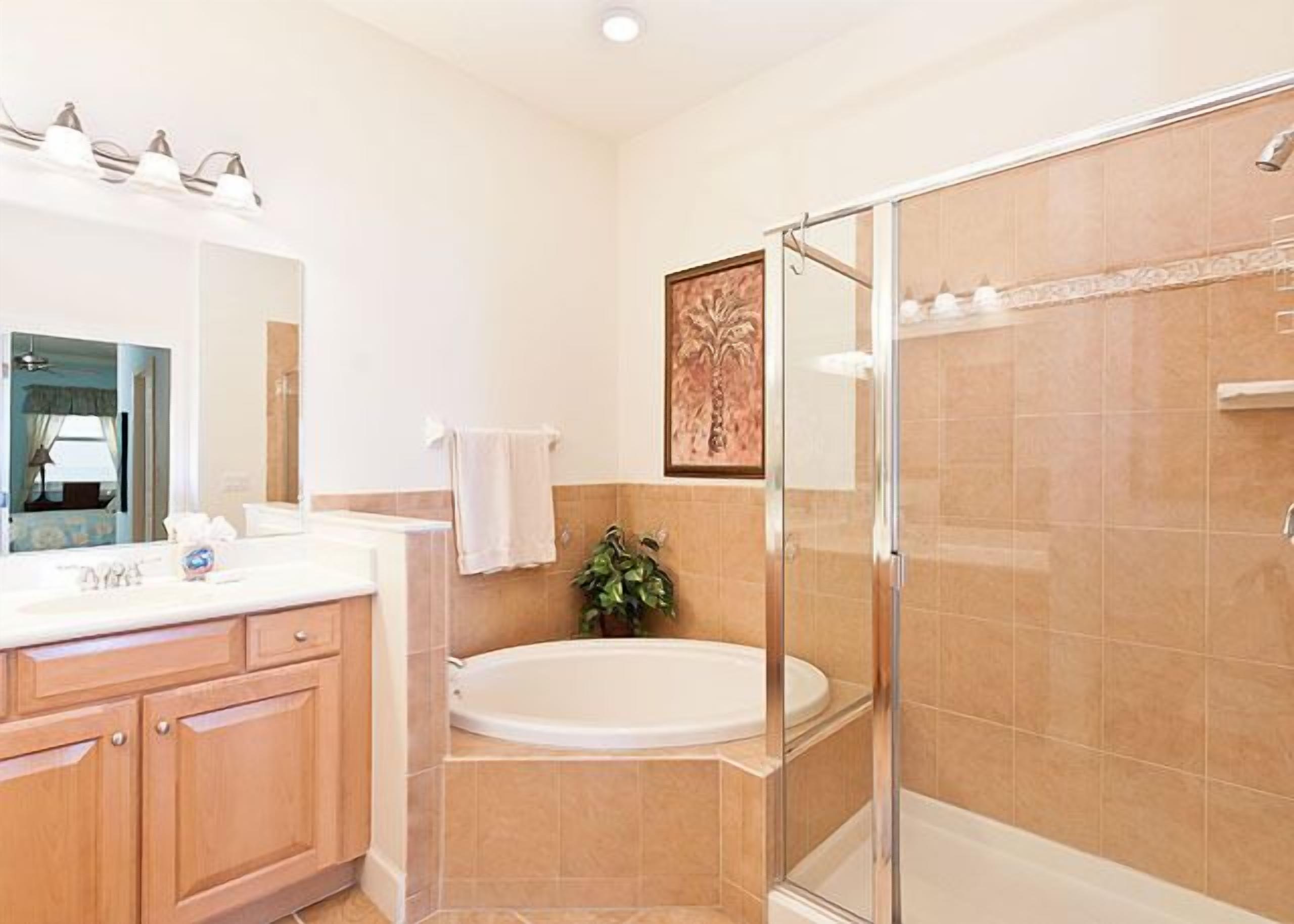 Une salle de bain moderne avec une baignoire, une cabine de douche en verre et un grand miroir.