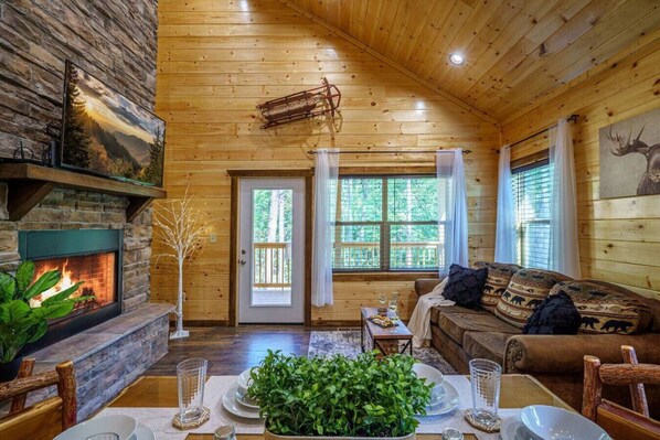 Smart TV, fireplace, video games, DVD player