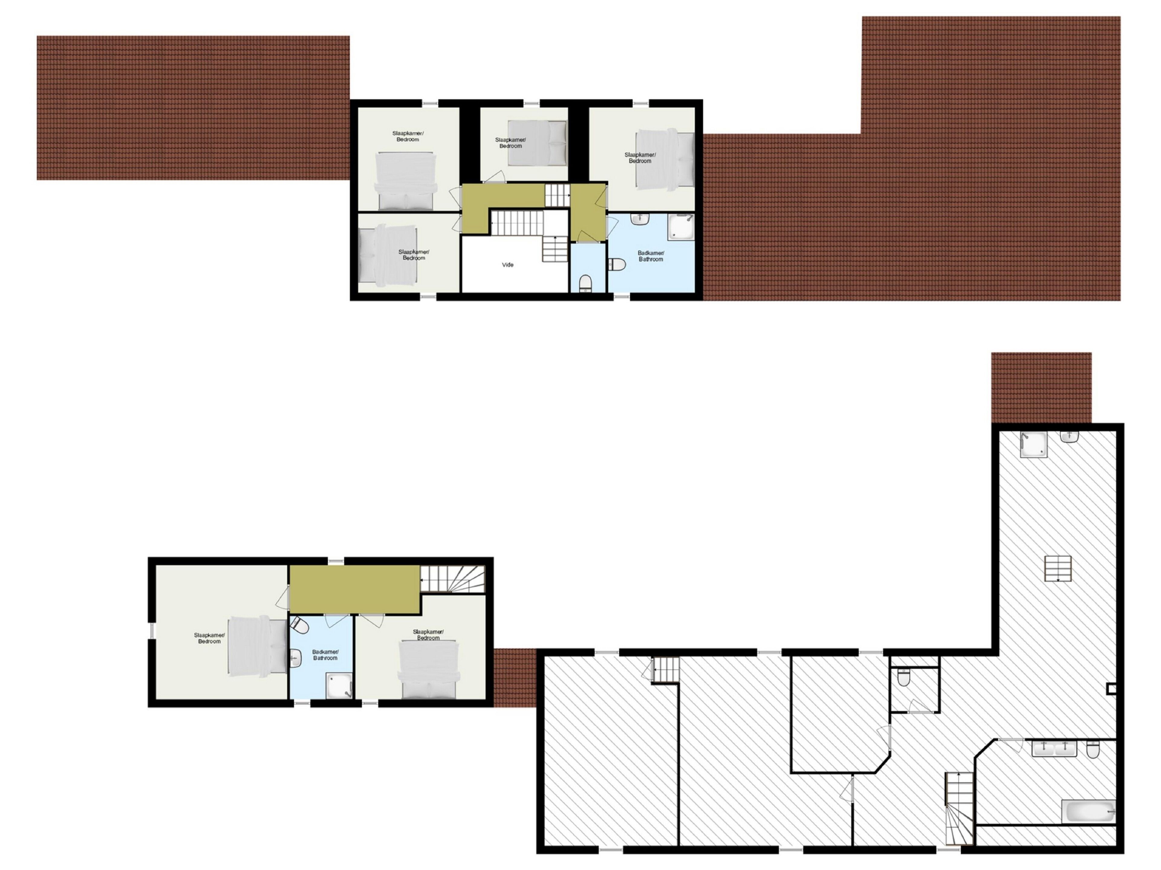 Un plan d’étage d’hôtel comprenant plusieurs chambres, salles de bain et un espace cuisine.
